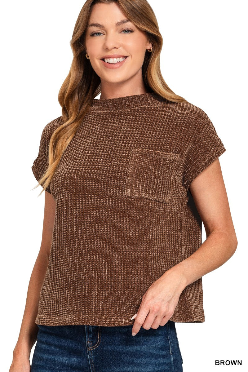 5569-Chenille Waffle Short Sleeve Sweater-BROWN