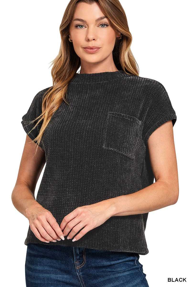 5568-Chenille Waffle Short Sleeve Sweater-BLACK
