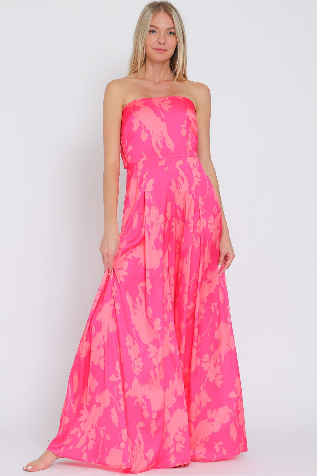 4984-TUBE TIE BACK CHEST ELASTIC BACK WAISTED JUMPSUIT-FUCSHIA