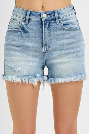 5075- RISEN High Rise Distressed Mid Thigh Shorts