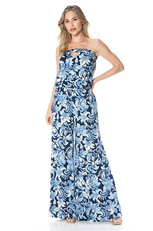 5127-SURPLICE WIDE LEG JUMPSUIT WITH BELT -BLUE