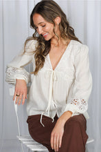 Load image into Gallery viewer, 6343- Eyelet Lace Tie Front V-Neck Long Puff Blouse -CREAM
