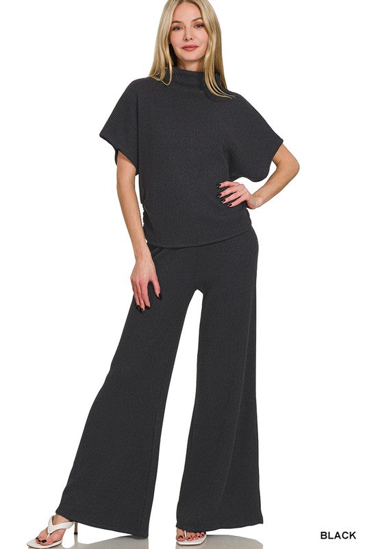 4914-SWEATER MOCK NECK TOP & LONG PANTS SET-BLACK