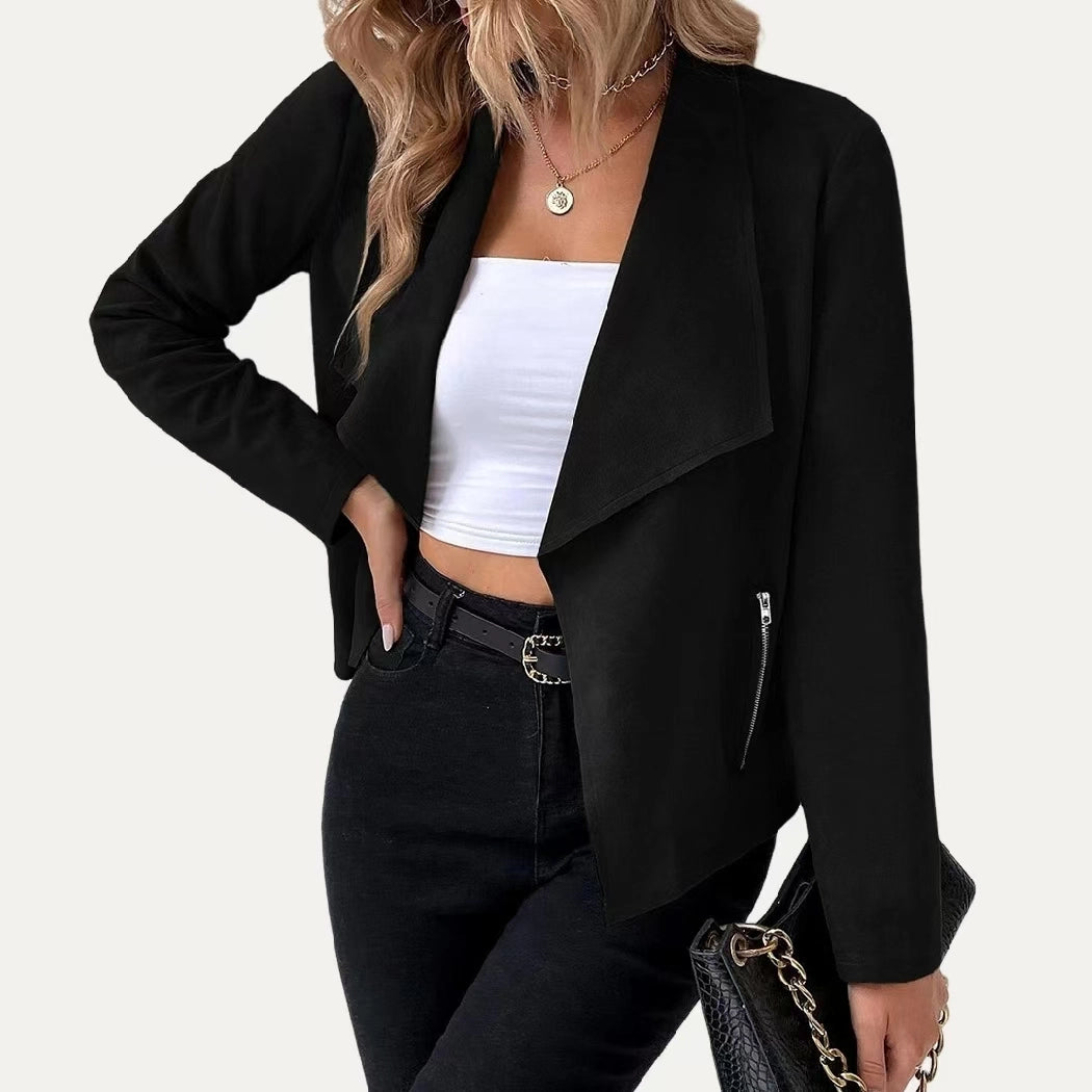 5511- Collared Vegan Suede Long Sleeve Jacket-BLACK