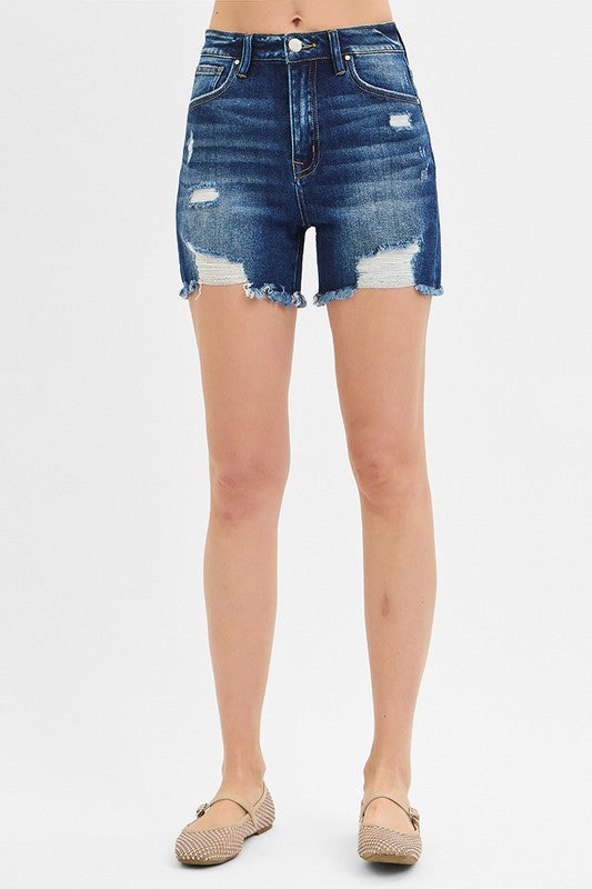 5074- RISEN High Rise Distressed Mid Thigh Shorts-DARK