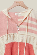 Load image into Gallery viewer, 5349-Stripe Distressed Knit Hoodie-CORAL
