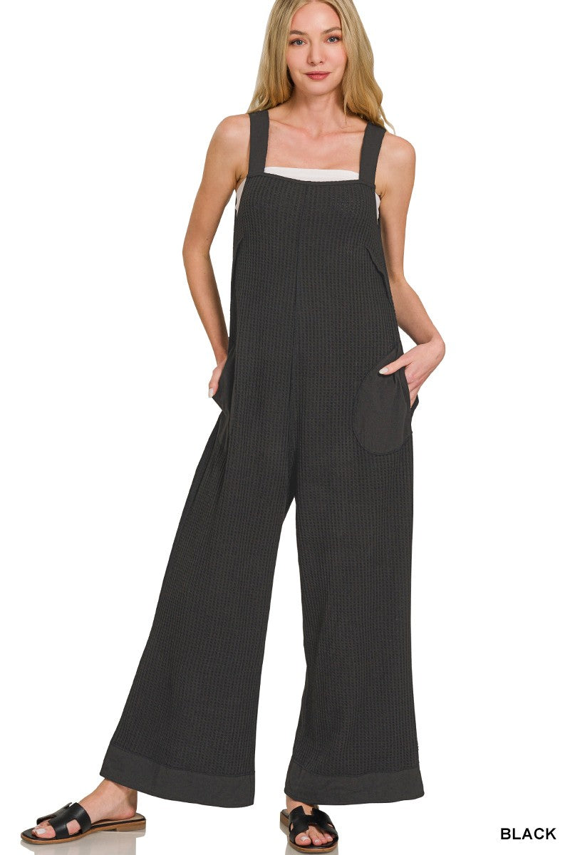 5365-Knit Waffle Wide Leg Overalls-BLACK