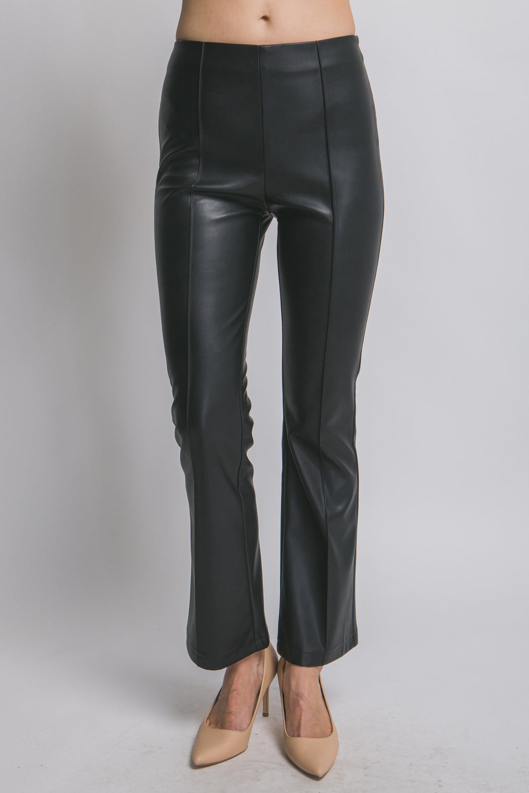 5571-Vegan Leather Flare Pants-BLACK
