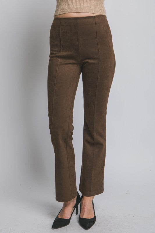 5615-Faux Suede Flare Pants-CHOCO BROWN