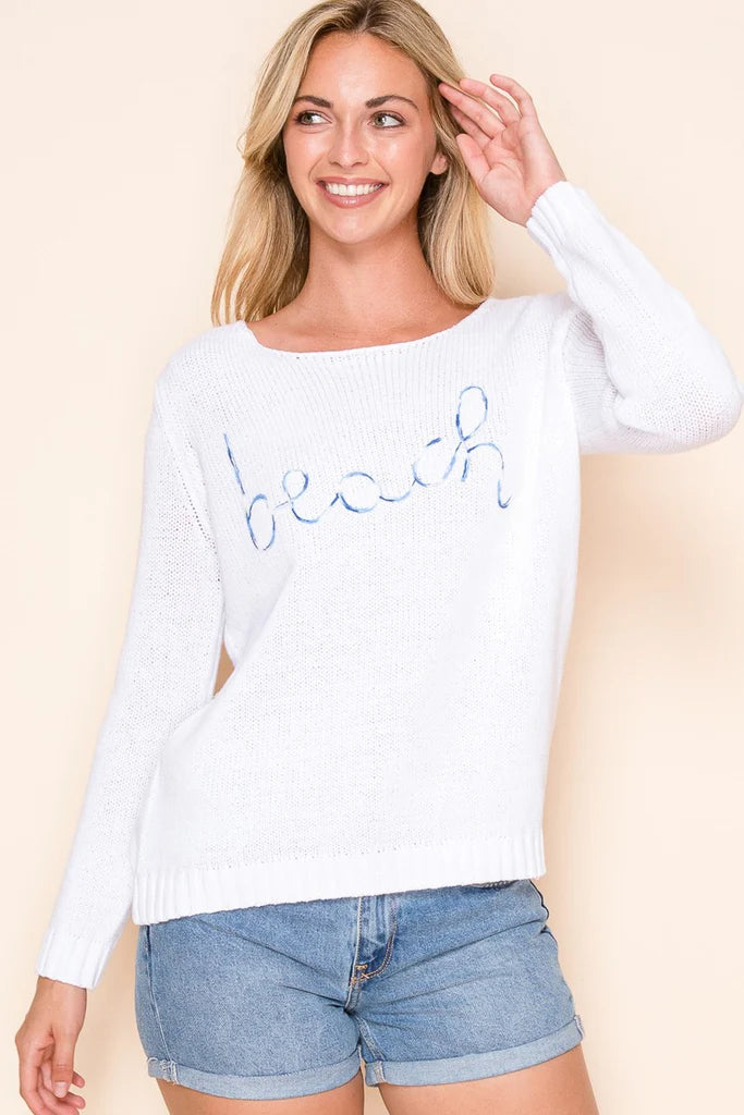 5268-MULTICOLOR LETTER BEACH SAYING SWEATER-WHITE
