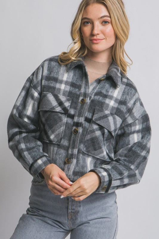 5415-Button-down Short Plaid Shacket-CHARCOAL