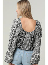 Load image into Gallery viewer, 5819-Lace Trim Wide Bell Sleeve Drawstring Hem Top-black
