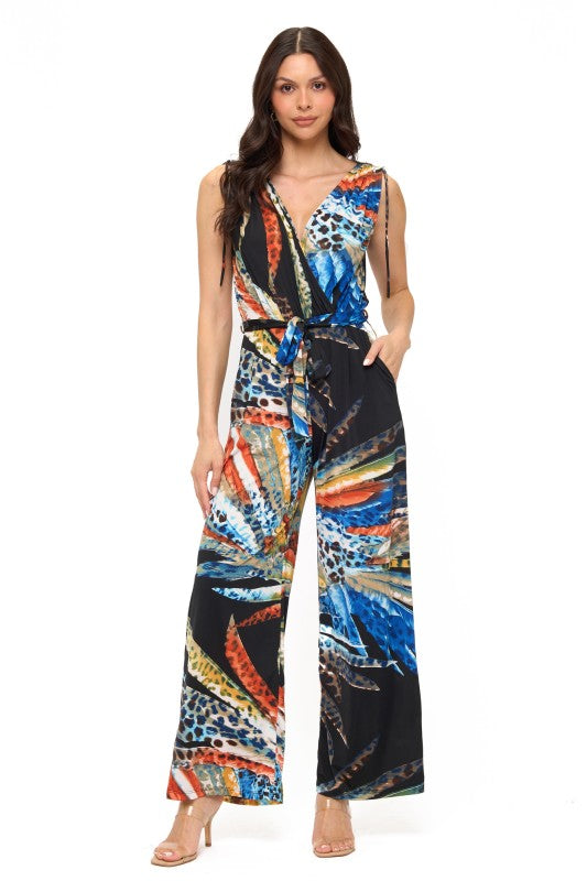 5183-Surplice Wide Leg Jumpsuit With Belt-ABSTRACT