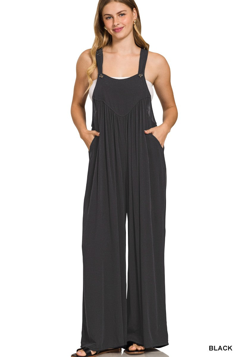 5363-Woven Rayon Crepe Overalls-BLACK