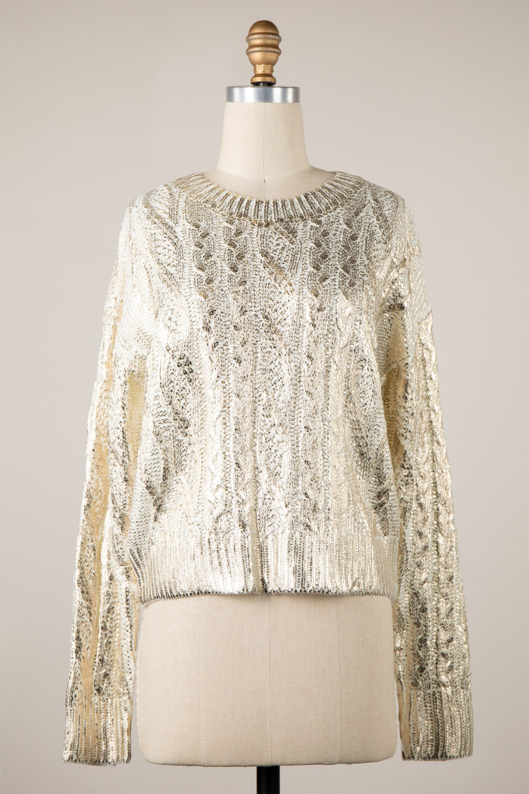 5359-Metallic Braid Knit Cropped Sweater Top-CHAMPAGNE