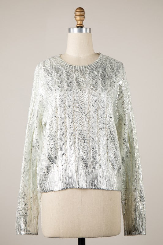 5360-Metallic Braid Knit Cropped Sweater Top-SILVER