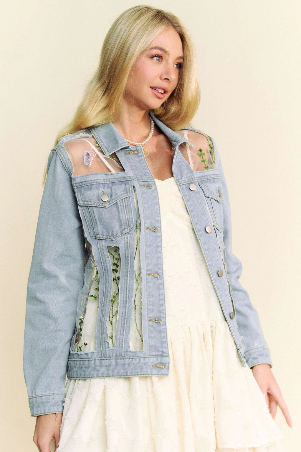 5238-Embroidered Mesh Denim Jacket-FLORAL