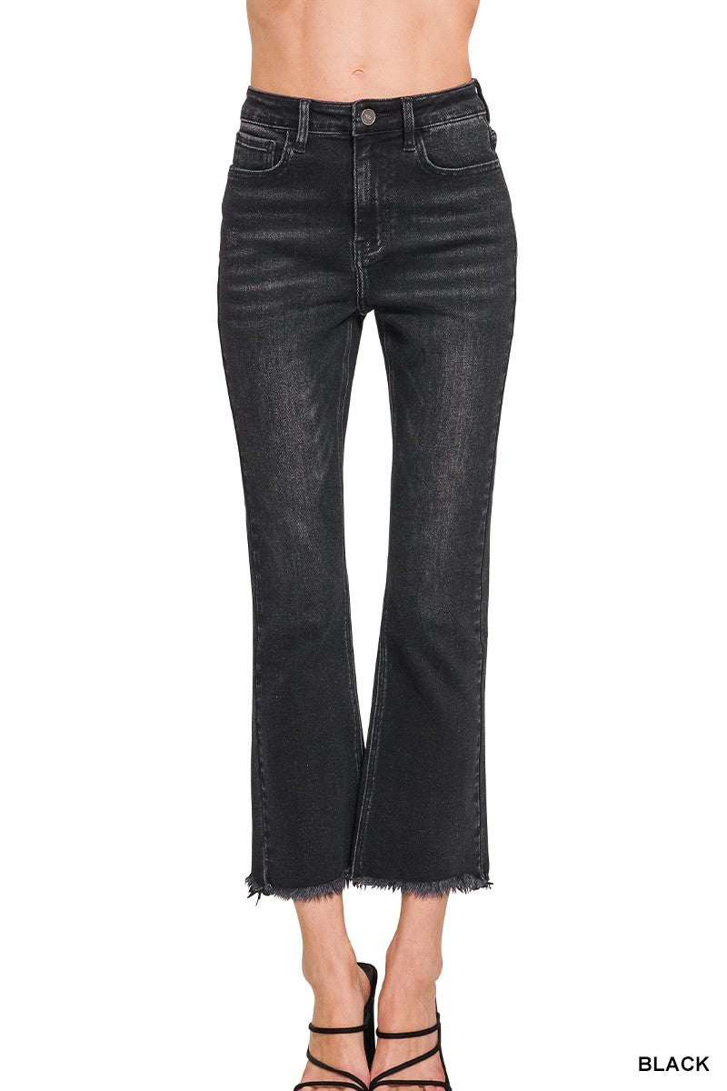 5450- ZENANA High Rise Straight Raw Hem Cropped Denim Pants-BLACK