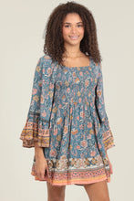 Load image into Gallery viewer, 5293-Wide Bell Flare Sleeves Smocked Bodice Dress-BLUE
