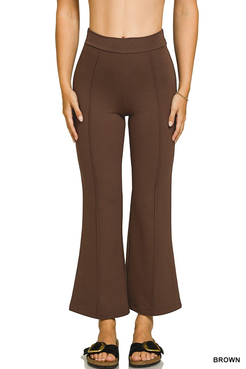 5565-Ponte Elastic Waistband Pintuck Pants-BROWN
