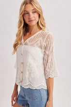 Load image into Gallery viewer, 6365- Sheer Embroidered Mesh Button Scalloped Hem Blouse-WHITE
