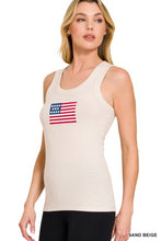 Load image into Gallery viewer, 6101-Ribbed American Flag Patch Scoop Neck Tank Top-WHITE
