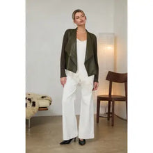 Load image into Gallery viewer, 6456- Mixed Media Faux Leather Draped Jacket-OLIVE
