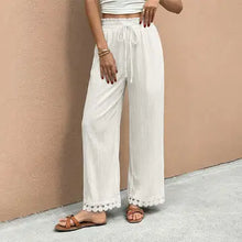 Load image into Gallery viewer, 6112- Textured Wide Leg Pants Lace Hem Casual Pants-WHITE

