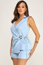 Load image into Gallery viewer, 6221-  Sleeveless Waist Buckle Wrap Front Detail Short Set-BLUE
