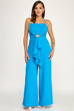 Load image into Gallery viewer, 6330- Sleeveless Pleated Jumpsuit with Gold Trim and Ruffle-BLUE
