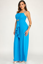 Load image into Gallery viewer, 6330- Sleeveless Pleated Jumpsuit with Gold Trim and Ruffle-BLUE
