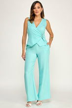 Load image into Gallery viewer, 6218- Sleeveless Gold Trim Detail Top with Pants Set-AQUA
