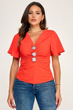 Load image into Gallery viewer, 6326- Short Sleeve Top with Metal Flower Trim-TOMATO
