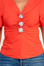 Load image into Gallery viewer, 6326- Short Sleeve Top with Metal Flower Trim-TOMATO
