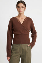 Load image into Gallery viewer, 6647- Lace-trim Faux-wrap Knit Sweater-BROWN
