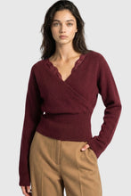 Load image into Gallery viewer, 6690 Lace-trim Faux-wrap Knit Sweater-BURGUNDY
