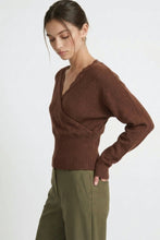Load image into Gallery viewer, 6647- Lace-trim Faux-wrap Knit Sweater-BROWN
