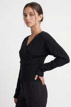 Load image into Gallery viewer, 6646- Lace-trim Faux-wrap Knit Sweater-BLACK

