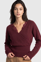 Load image into Gallery viewer, 6690 Lace-trim Faux-wrap Knit Sweater-BURGUNDY
