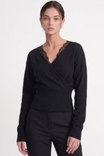 Load image into Gallery viewer, 6646- Lace-trim Faux-wrap Knit Sweater-BLACK
