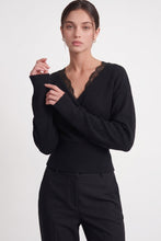 Load image into Gallery viewer, 6646- Lace-trim Faux-wrap Knit Sweater-BLACK
