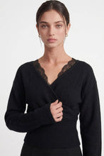 Load image into Gallery viewer, 6646- Lace-trim Faux-wrap Knit Sweater-BLACK
