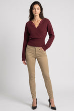 Load image into Gallery viewer, 6690 Lace-trim Faux-wrap Knit Sweater-BURGUNDY
