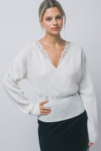 Load image into Gallery viewer, 6691 Lace-trim Faux-wrap Knit Sweater-IVORY
