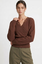 Load image into Gallery viewer, 6647- Lace-trim Faux-wrap Knit Sweater-BROWN
