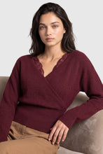 Load image into Gallery viewer, 6690 Lace-trim Faux-wrap Knit Sweater-BURGUNDY

