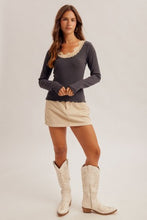 Load image into Gallery viewer, 6489- Lace Detail Long Sleeve Rib Top-CHARCOAL
