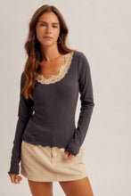 Load image into Gallery viewer, 6489- Lace Detail Long Sleeve Rib Top-CHARCOAL
