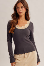 Load image into Gallery viewer, 6489- Lace Detail Long Sleeve Rib Top-CHARCOAL
