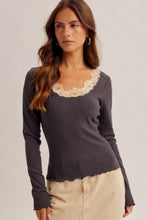 Load image into Gallery viewer, 6489- Lace Detail Long Sleeve Rib Top-CHARCOAL
